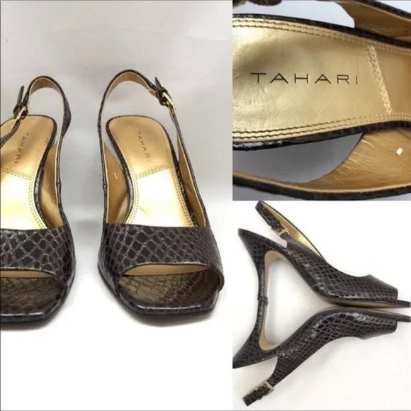 TAHARI Robin 1 Brown Snakeskin Slingback Heels. Peep toe in a size 7 - Picture 3 of 8